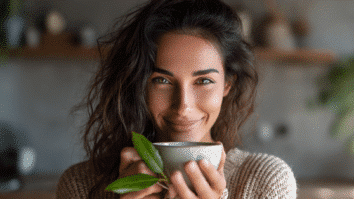 Mulher com uma xicara de chá de louro e folhas de louro nas mãos