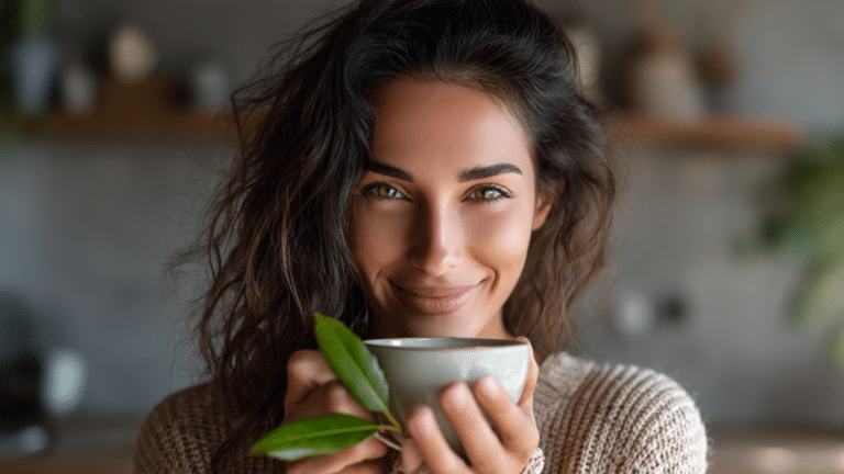 Mulher com uma xicara de chá de louro e folhas de louro nas mãos