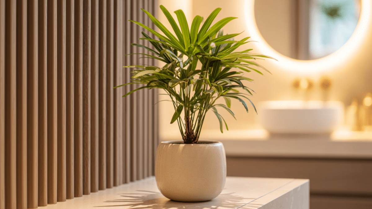 Palmeira-ráfis complementando a decoração de um banheiro