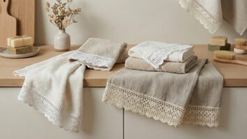 Toalhas de lavabo com barrados de crochê delicados sobre bancada de madeira clara