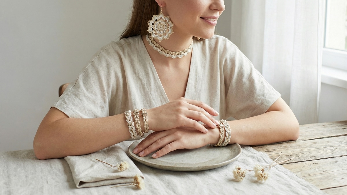 Modelo feminina sorrindo usando bijuterias de crochê mandala em cena completa e elegante