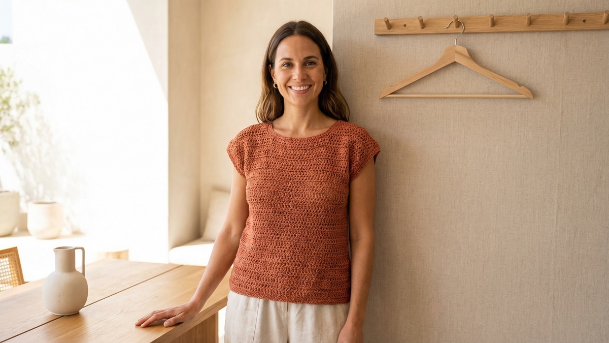 Mulher sorrindo usando blusa de crochê artesanal em tom terroso elegante (terracota/caramelo) em fio de algodão, em ambiente de verão moderno iluminado, composição completa.
