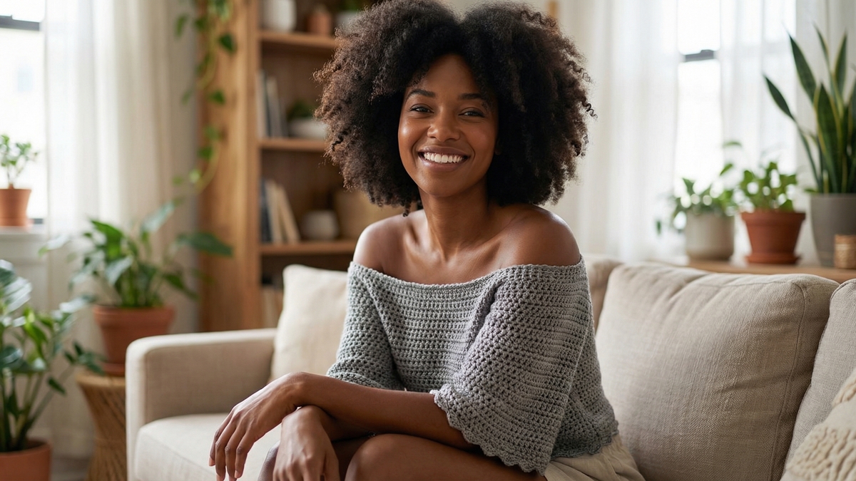 Modelo feminina usando blusa ciganinha de crochê cinza, estilo casual moderno para o dia a dia