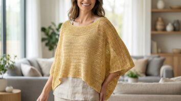 Mulher sorrindo usando blusa de crochê amarela estilo morcego em ambiente doméstico iluminado