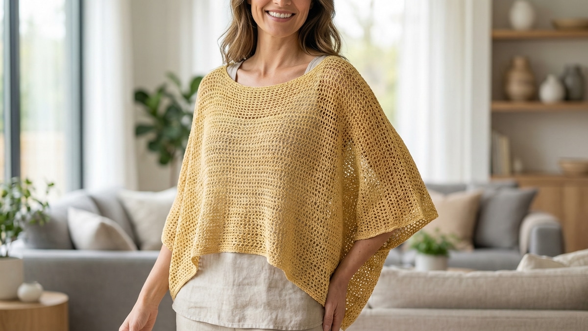 Mulher sorrindo usando blusa de crochê amarela estilo morcego em ambiente doméstico iluminado