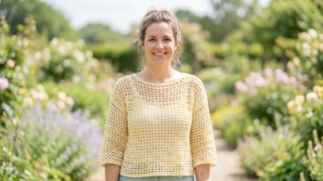 Modelo feminina centralizada usando blusa de crochê amarela em ambiente externo de verão