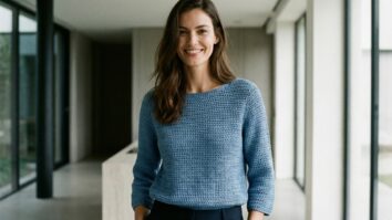 Mulher sorrindo com blusa de crochê azul elegante em ambiente sofisticado