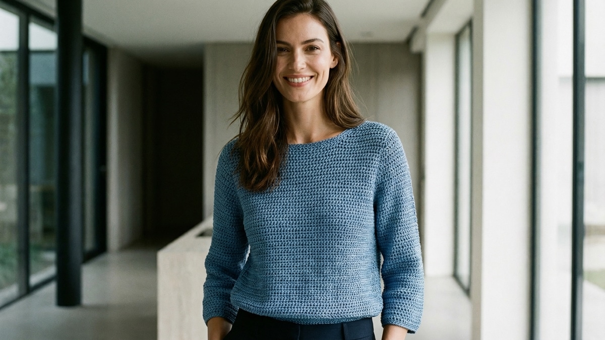 Mulher sorrindo com blusa de crochê azul elegante em ambiente sofisticado