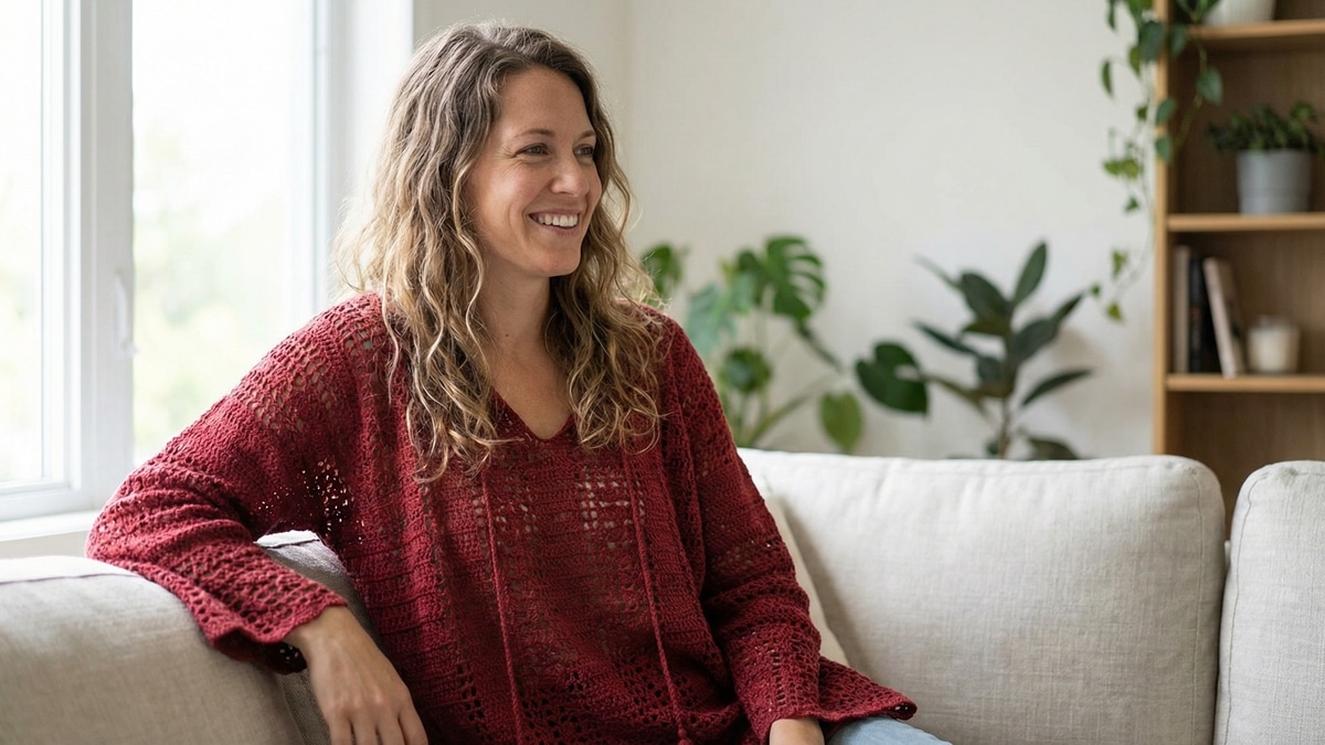 Modelo feminina sorrindo usando blusa de crochê tipo bata vermelha em ambiente casual