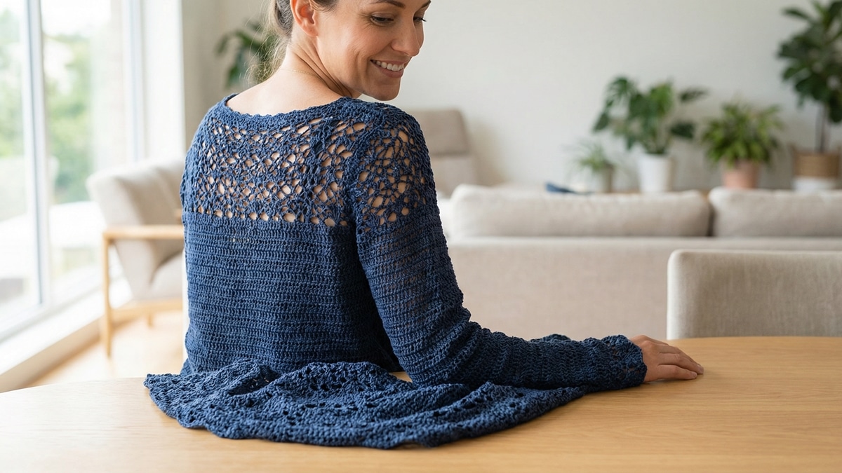 Modelo feminina sorrindo usando blusa de crochê azul com costas trabalhadas em trama rendada delicada