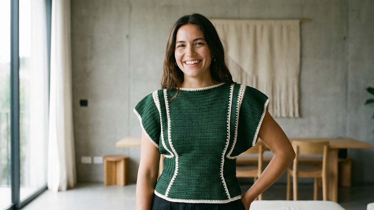 Mulher sorridente com blusa de crochê verde e branca com manga morcego em ambiente moderno