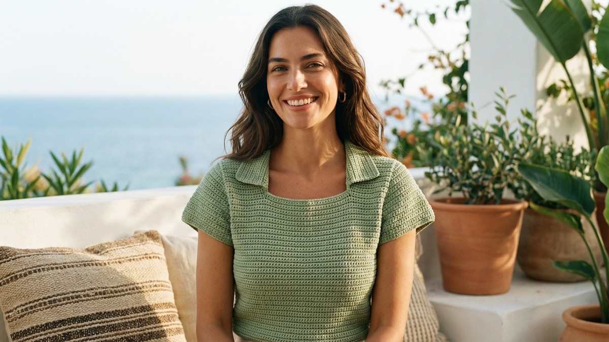 Mulher sorrindo com blusa de crochê elegante emanda iluminada de verão