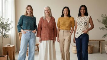 Mulheres sorrindo usando blusas de crochê em tons vibrantes com modelagens variadas em ambiente sofisticado