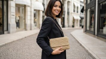 Mulher morena sorrindo em ambiente urbano com bolsa clutch de crochê dourada estruturada.