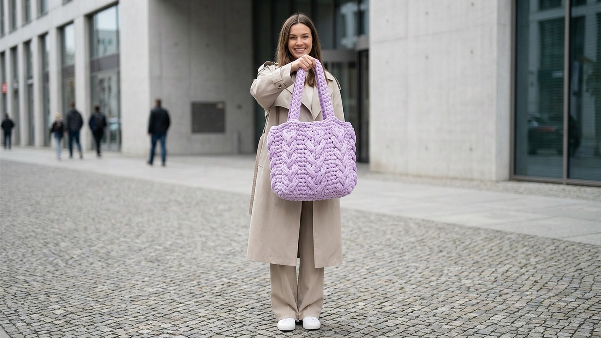 Mulher sorrindo em ambiente urbano usando bolsa de crochê lilás em fio de malha com pontos grandes.
