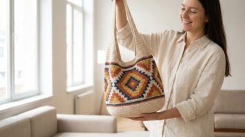 Mulher sorridente exibindo bolsa de crochê artesanal em algodão cru com padrões geométricos coloridos em ponto conduzido, em ambiente moderno com luz natural difusa.