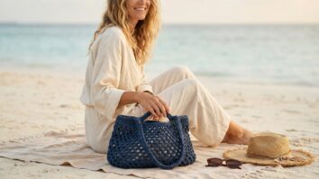 Modelo sorrindo na praia com bolsa de crochê azul escuro tipo rede sobre canga