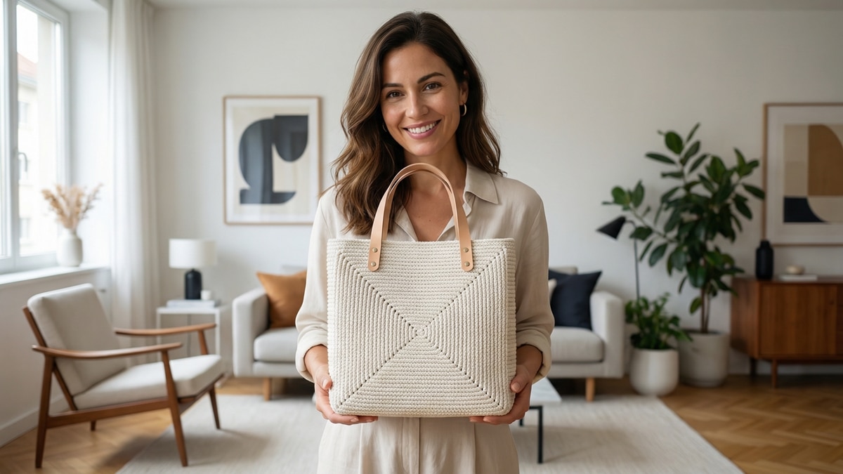 Mulher sorridente com bolsa de crochê estruturada bege com alças de couro em ambiente moderno