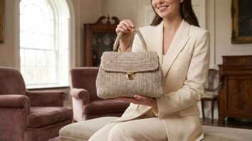 Modelo feminina sorrindo com bolsa de crochê luxo em tom champagne em ambiente elegante