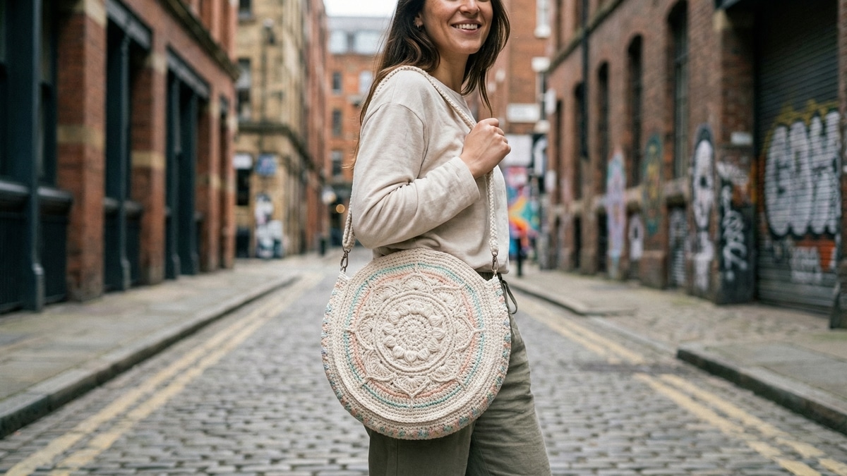 Mulher sorrindo com bolsa redonda de crochê artesanal em ambiente urbano