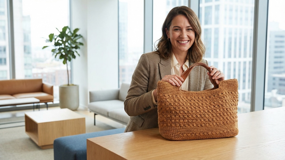 Mulher sorridente com bolsa tote bag de crochê caramelo sobre mesa em escritório moderno
