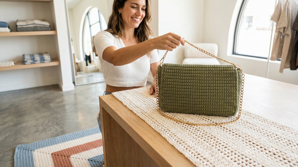 Mulher sorrindo sentada à mesa mostrando bolsa de crochê verde tiracolo com alça de corrente em ambiente moderno