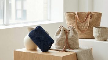Três modelos de bolsas de crochê artesanal: clutch, bucket bag e tote em composição elegante minimalista