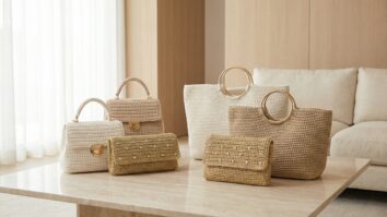 Bolsas de crochê de luxo em tons neutros dispostas sobre mesa de mármore claro