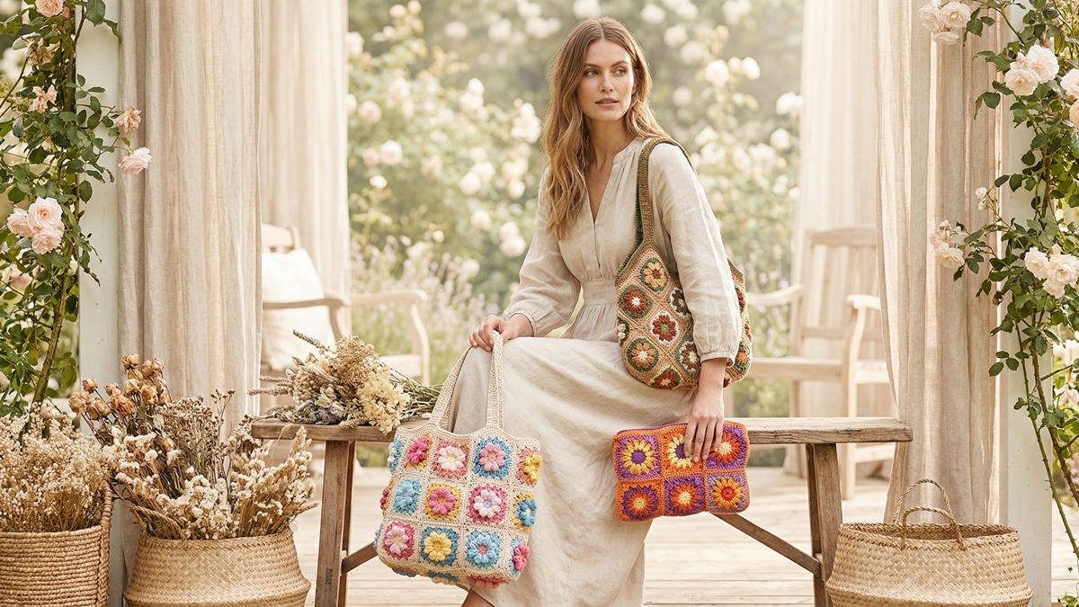 Bolsas de crochê feitas com motivos florais unidos em tons vibrantes sobre fundo primaveril romântico