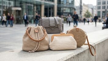 Coleção de bolsas de crochê com modelos variados dispostas sobre superfície clara em estilo urbano contemporâneo.