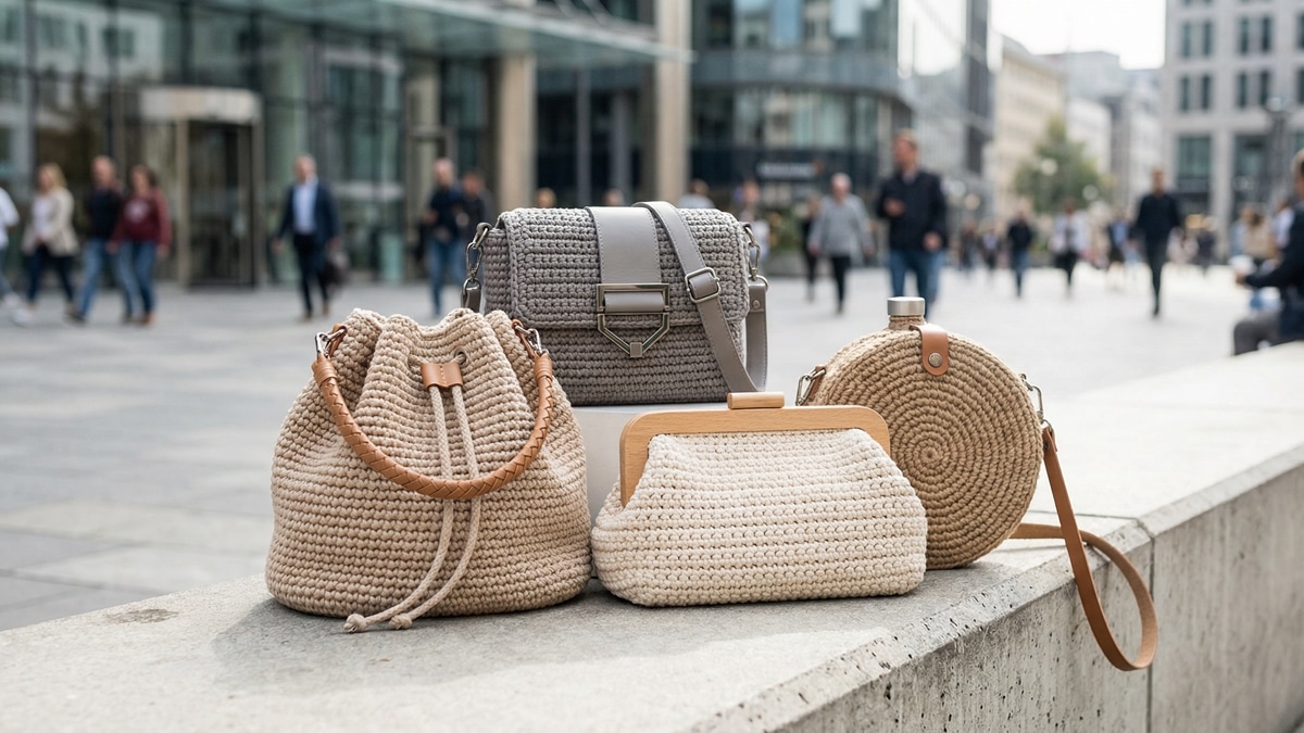 Coleção de bolsas de crochê com modelos variados dispostas sobre superfície clara em estilo urbano contemporâneo.