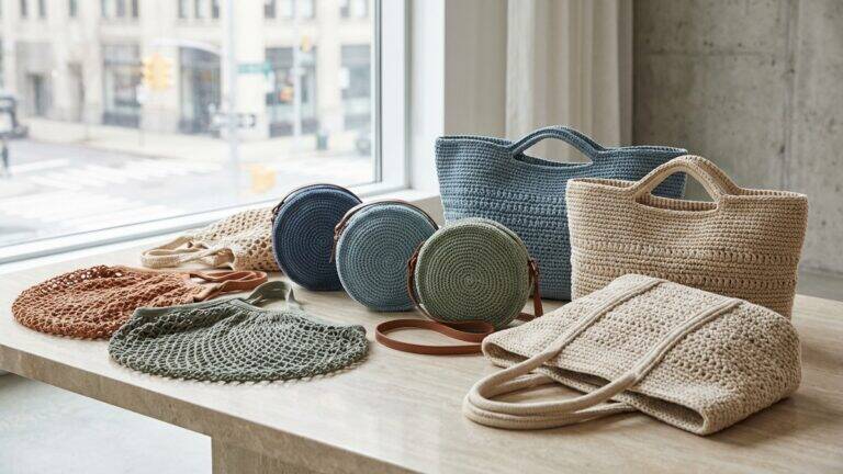 Bolsas de crochê em diferentes modelos e cores sobre superfície neutra