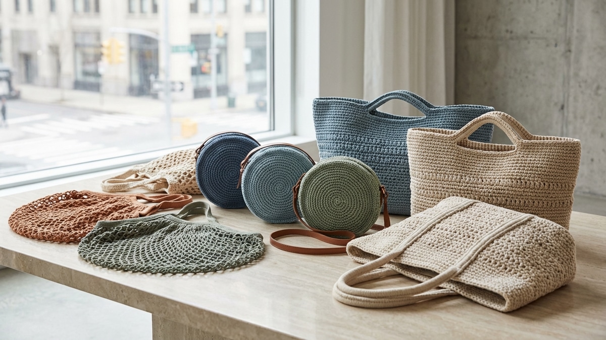 Bolsas de crochê em diferentes modelos e cores sobre superfície neutra