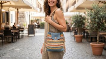 Mulher sorrindo usando bolsinha de crochê colorida em ambiente urbano de verão