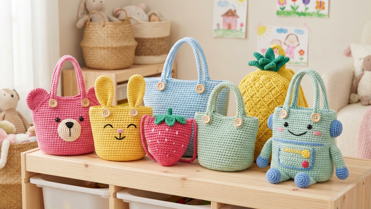 Bolsinhas de crochê infantil coloridas em formatos de animais e frutas sobre superfície clara