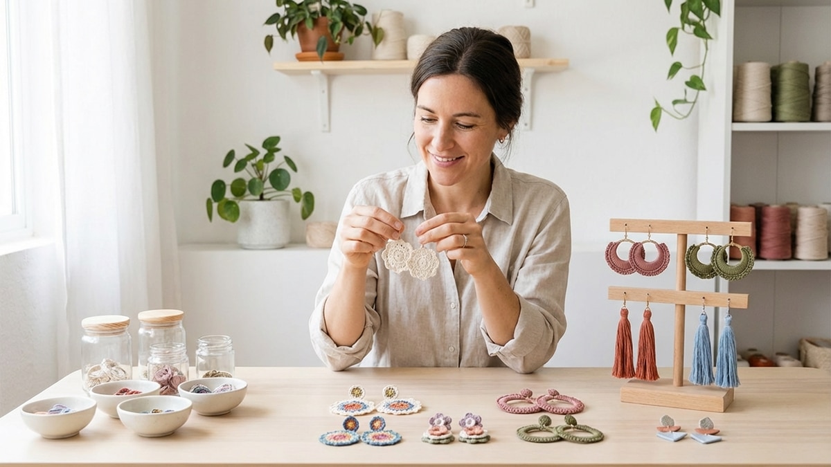 Mulher sorridente mostrando coleção de brincos de crochê delicados em tons suaves sobre penteadeira elegante