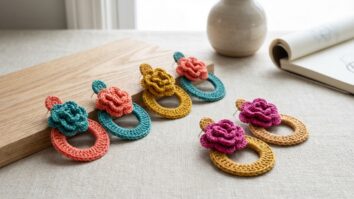 Brincos de crochê com maxi flores e argolas em cores vibrantes sobre superfície neutra