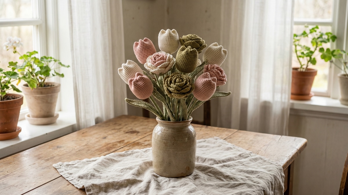 Buquê de crochê com tulipas e rosas em tons rosa e off-white em ambiente delicado