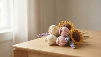 Buquê de flores de crochê 3D em tons suaves sobre superfície de madeira clara