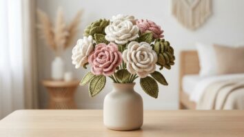 Buquê de flores de crochê em tons suaves disposto em vaso cerâmico sobre mesa de madeira