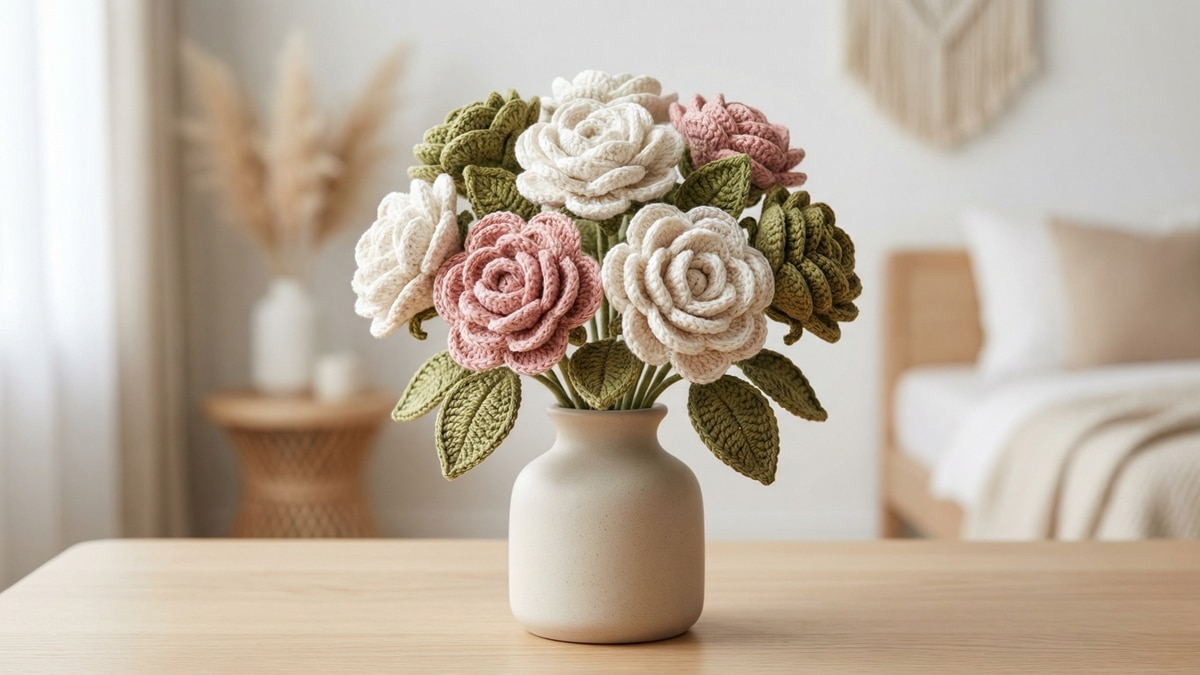 Buquê de flores de crochê em tons suaves disposto em vaso cerâmico sobre mesa de madeira