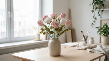 Buquê de flores de crochê artesanal em vaso de cerâmica sobre mesa clara