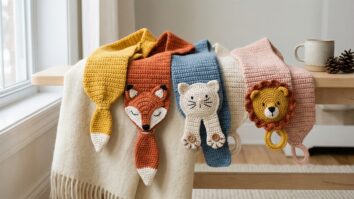 Cachecóis de crochê infantil com formatos de bichinhos em cores vibrantes sobre madeira clara