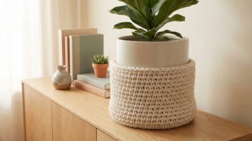 Cachepô de crochê em tom neutro envolvendo vaso com planta verde sobre móvel claro