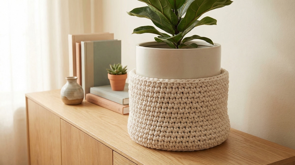 Cachepô de crochê em tom neutro envolvendo vaso com planta verde sobre móvel claro
