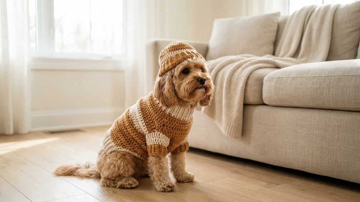 Cachorrinho de pequeno porte usando roupinha de crochê artesanal em tons caramelo e creme em sala aconchegan