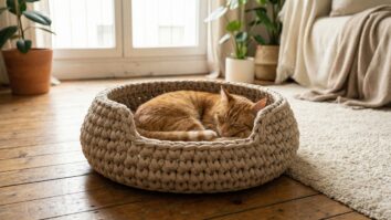 Caminha pet em crochê bege com animal pequeno acomodado em sala iluminada e acolhedora