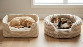 Duas caminhas de crochê pet com cachorro e gato em ambiente doméstico minimalista