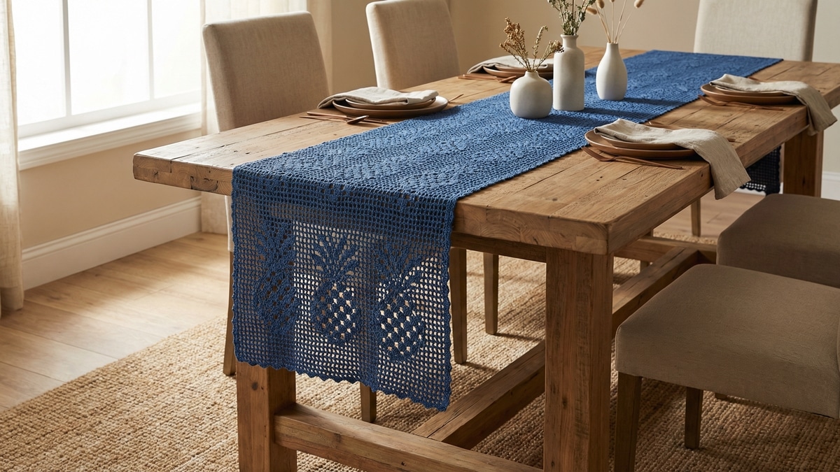 Caminho de mesa em crochê azul com motivo abacaxi sobre mesa de madeira em sala de jantar elegante.