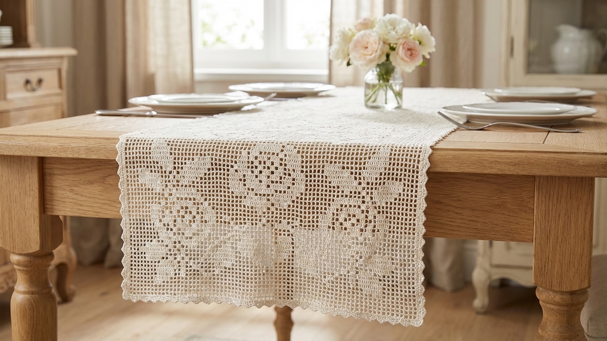 Sala de jantar com caminho de mesa em crochê filé off-white sobre mesa de madeira clara, com louças e flores